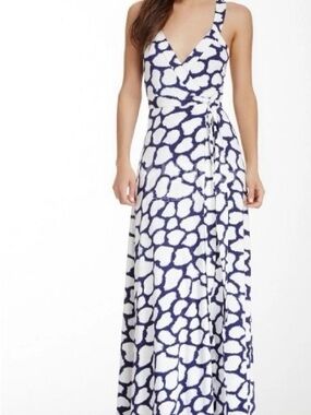 Diane Von Furstenberg Navy and White Printed Wrap Maxi Dress